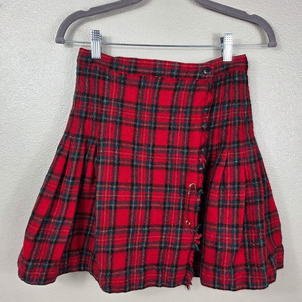Vintage Amanda Smith Pure Wool Red Tartan Pleated Wrap Skirt Size 10 Fits XS/S